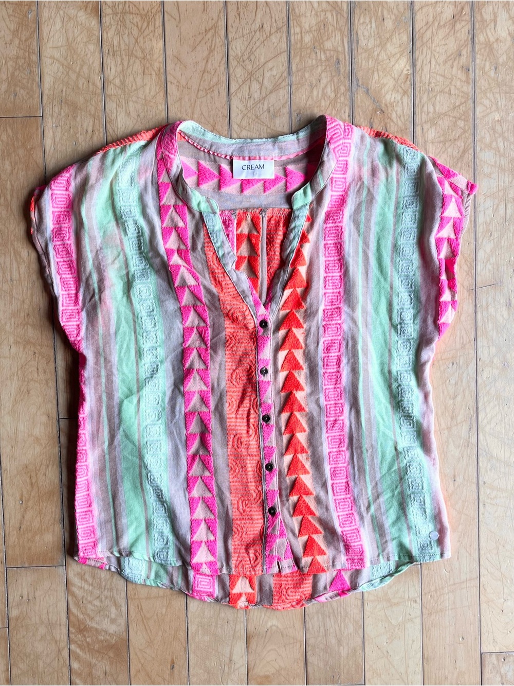 Cream Boho Embroidered Tribal Print Short Sleeve Blouse Top Size Medium